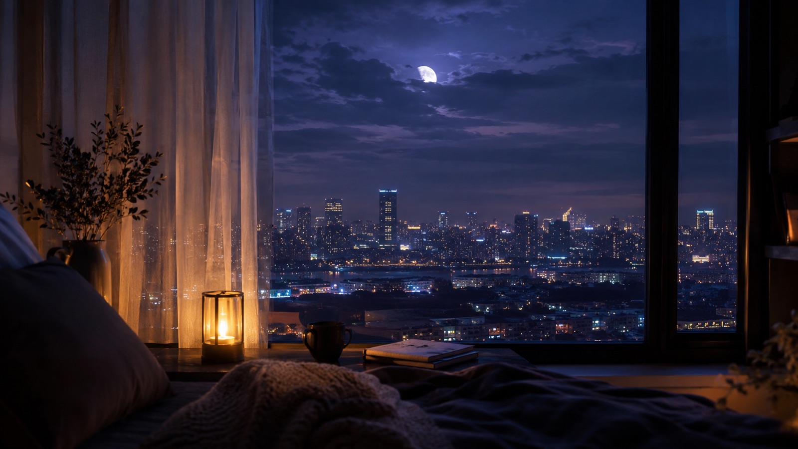 夜晚窗邊,城市燈火與月光